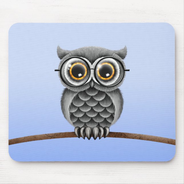 Cute Fluffy Grey Owl with Glasses, Light Blue Mouse Pad (Front)