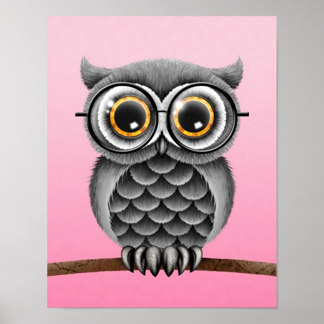 Cute Fluffy Grey Owl with Glasses, Pink Poster (Front)