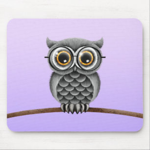 Cute Fluffy Grey Owl with Glasses, Purple Mouse Pad