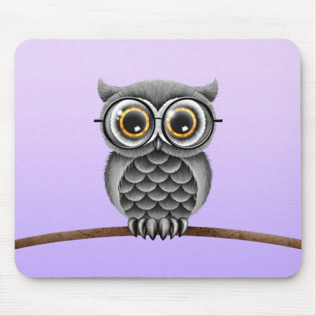 Cute Fluffy Grey Owl with Glasses, Purple Mouse Pad (Front)
