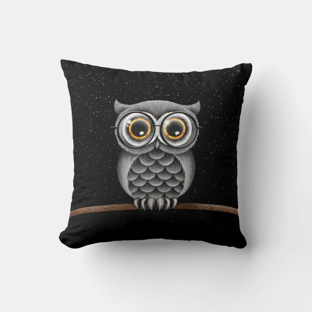 Cute Fluffy Grey Owl with Glasses with Stars Cushion (Front)