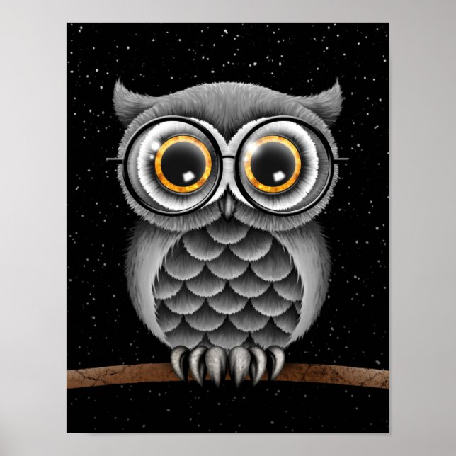 Cute Fluffy Grey Owl with Glasses with Stars Poster (Front)