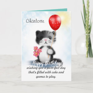 Cute Fluffy Kitten Art Happy Birthday Poem Card