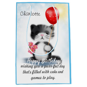 Cute Fluffy Kitten Art Happy Birthday Poem Medium Gift Bag
