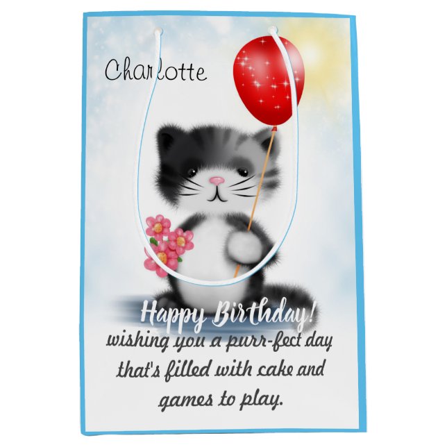 Cute Fluffy Kitten Art Happy Birthday Poem Medium Gift Bag (Front)