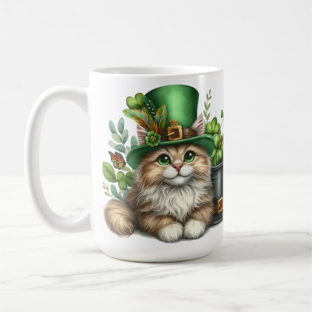 CUTE FLUFFY KITTEN DRESSED IN IRISH HAT COFFEE MUG (Left)