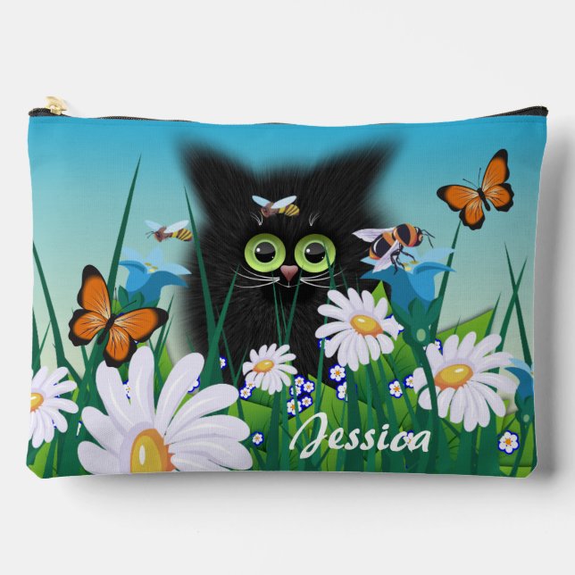 Cute Fluffy Kitten in Daisy Meadow Personalised Accessory Pouch (Front)