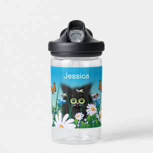 Cute Fluffy Kitten in Daisy Meadow Personalised Water Bottle