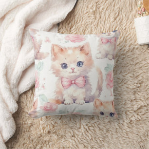 Cute Fluffy Kittens with Pink Roses Cushion