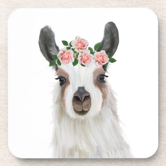 Cute Fluffy Llama With Rose Flower Crown Coaster (Front)