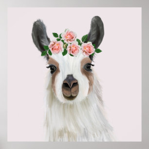 Cute Fluffy Llama With Rose Flower Crown Pink Poster