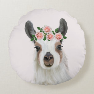 Cute Fluffy Llama With Rose Flower Crown Pink  Round Cushion