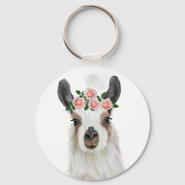 Cute Fluffy Llama With Rose Flower Crown White Key Ring (Back)