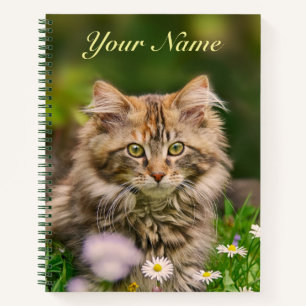 Cute Fluffy Maine Coon Kitten Cat in Flowers  Name Notebook