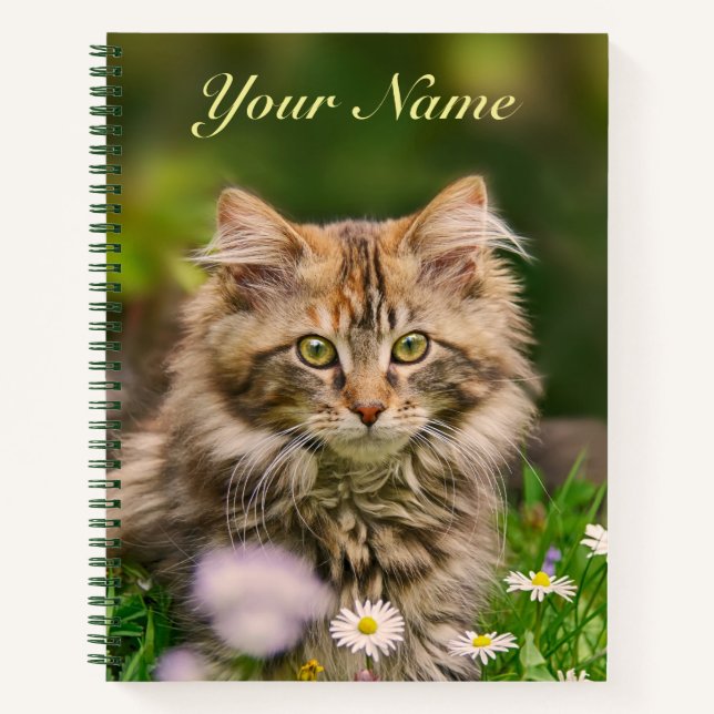 Cute Fluffy Maine Coon Kitten Cat in Flowers  Name Notebook (Front)