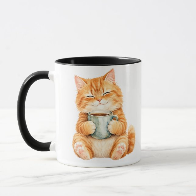 Cute Fluffy Orange Tabby Cat Holding Coffee Mug |  (Left)