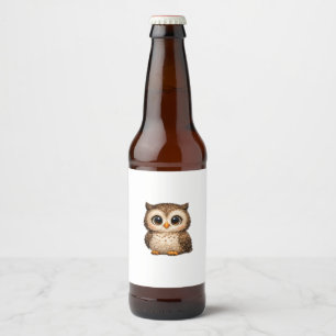 Cute Fluffy Owl Big Eyes Cartoon Digital Art Brown Beer Bottle Label