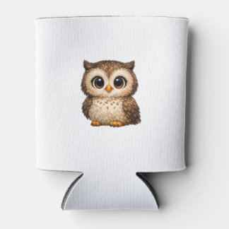 Cute Fluffy Owl Big Eyes Cartoon Digital Art Brown Can Cooler