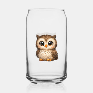 Cute Fluffy Owl Big Eyes Cartoon Digital Art Brown Can Glass