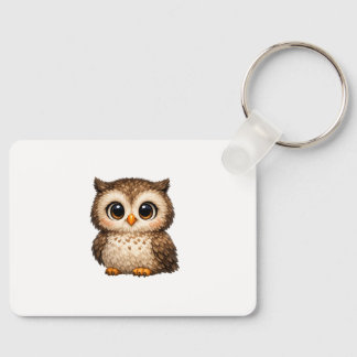 Cute Fluffy Owl Big Eyes Cartoon Digital Art Brown Key Ring