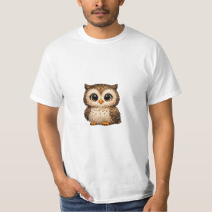 Cute Fluffy Owl Big Eyes Cartoon Digital Art Brown T-Shirt