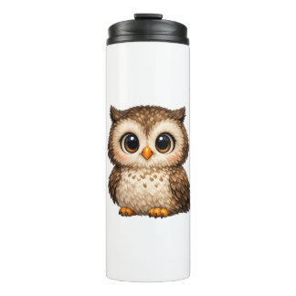 Cute Fluffy Owl Big Eyes Cartoon Digital Art Brown Thermal Tumbler