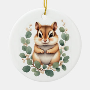 Cute Fluffy Peach Baby Chipmunk & Eucalyptus Ceramic Ornament