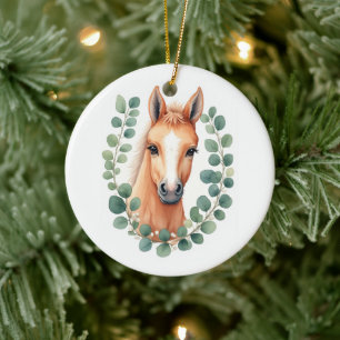 Cute Fluffy Peach Baby Horse Foal & Eucalyptus Ceramic Ornament