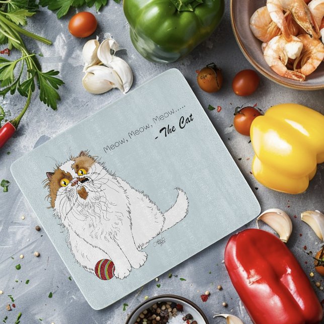 Cute Fluffy Persian Cat Funny Meow Blue Cutting Board (Creator Uploaded)