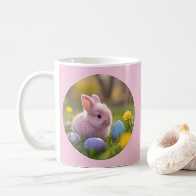 Cute Fluffy Pink Bunny Easter Coffee Mug (With Donut)