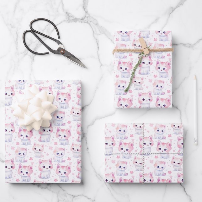 Cute Fluffy Pink Kittens  Wrapping Paper Sheet (Front)