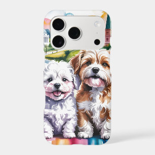 Cute Fluffy Puppies in Watercolor City Park
