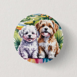 Cute Fluffy Puppies in Watercolor City Park 3 Cm Round Badge