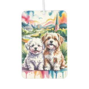 Cute Fluffy Puppies in Watercolor City Park Car Air Freshener