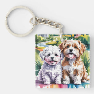 Cute Fluffy Puppies in Watercolor City Park Key Ring