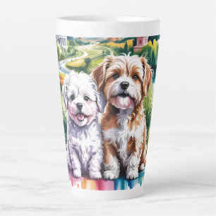 Cute Fluffy Puppies in Watercolor City Park Latte Mug