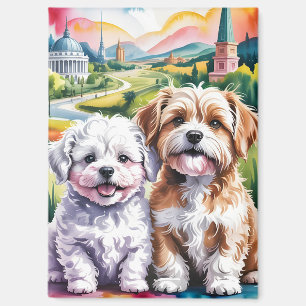 Cute Fluffy Puppies in Watercolor City Park Magnet