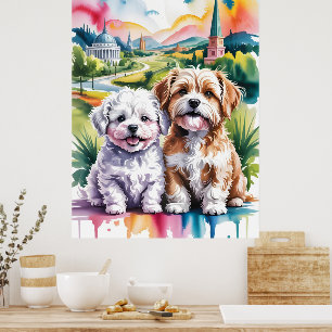 Cute Fluffy Puppies in Watercolor City Park Poster
