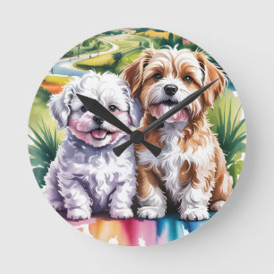 Cute Fluffy Puppies in Watercolor City Park Round Clock