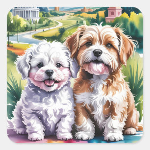 Cute Fluffy Puppies in Watercolor City Park Square Sticker