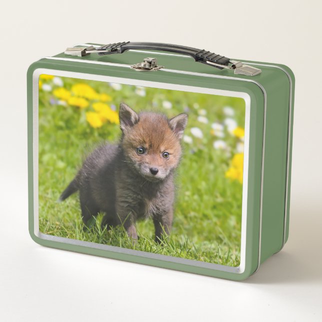 Cute Fluffy Red Fox Kit Cub Wild Baby Animal Photo Metal Lunch Box (Front)