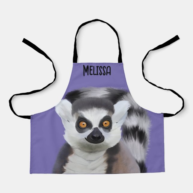 Cute Fluffy Ring-Tailed Lemur Face - Purple Apron (Front)