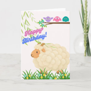 Cute Fluffy Sheep Happy Birthday Card - Birds on B