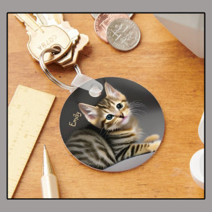 Cute fluffy tabby cat baby  key ring