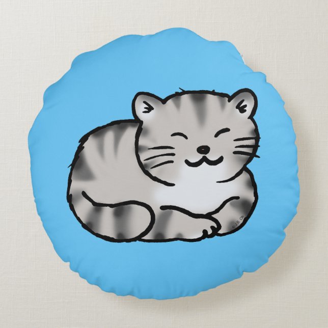 cute fluffy tabby grey tiger cat round cushion (Back)