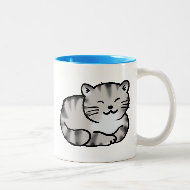 cute fluffy tabby grey tiger cat Two-Tone coffee mug (Right)