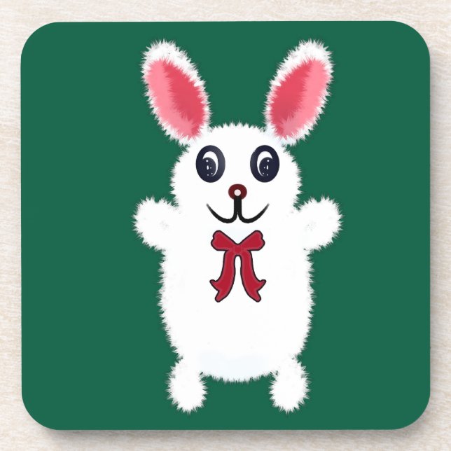 Cute Fluffy White Bunny Rabbit with Red Bow - Chri Coaster (Front)