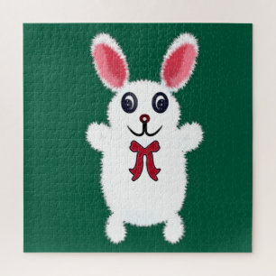 Cute Fluffy White Bunny Rabbit with Red Bow - Chri Jigsaw Puzzle