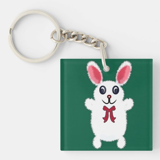 Cute Fluffy White Bunny Rabbit with Red Bow - Chri Key Ring (Front)