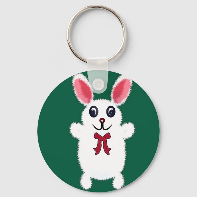 Cute Fluffy White Bunny Rabbit with Red Bow - Chri Key Ring (Front)